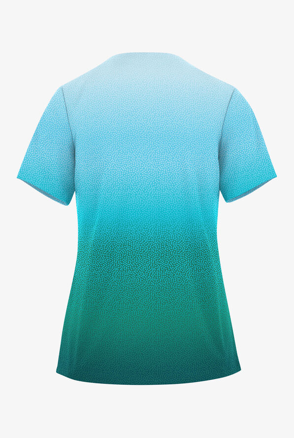 Easy STRETCH Pixel Ombre Caribbean Blue Women's 2-Pocket V-Neck Print Scrub Top - null - 2