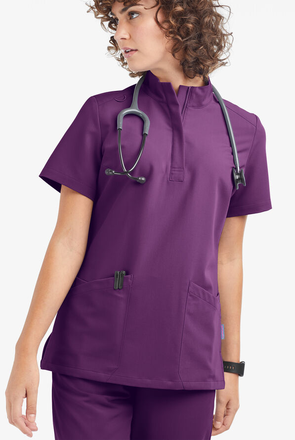 Movement by Butter-Soft Lyrae Women’s 6-Pocket Zip Closure Neck Scrub Top - Eggplant - 2