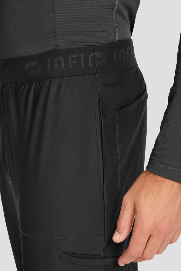 Infinity GNR8 Kinetic Knit Men's 6-Pocket STRETCH Logo Waistband Tapered Leg Cargo Scrub Pant - Black - 3