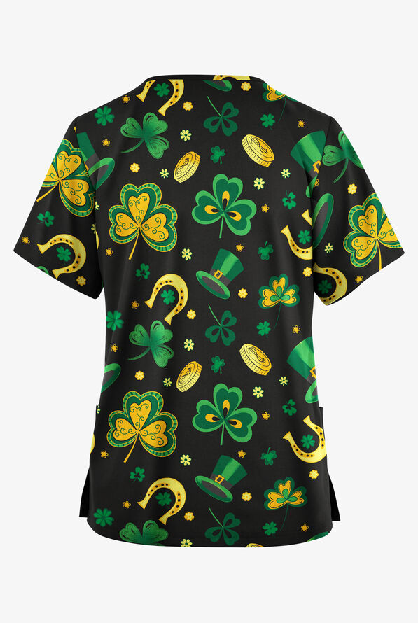 Butter-Soft Originals Luck Of The Irish Black Women's 2-Pocket V-Neck Print Scrub Top - null - 2