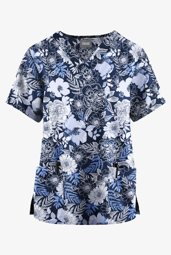 Butter-Soft Originals Arles Floral Navy Women's 2-Pocket Classic Fit V-Neck Print Scrub Top - null - 1