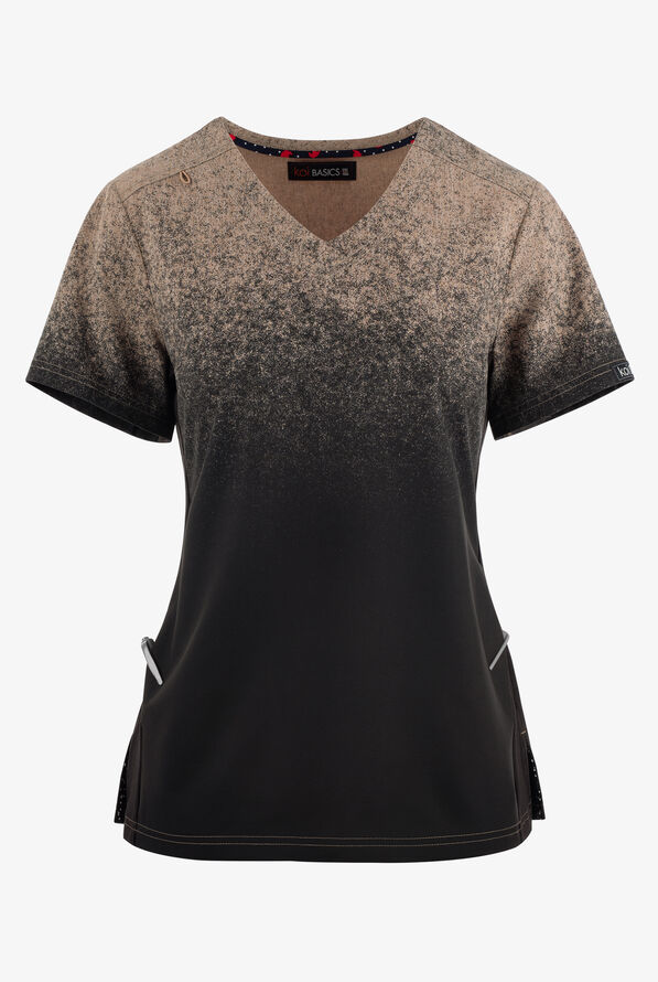 koi Basics Cali Ombre Heather Taupe/Black Women's 2-Pocket STRETCH V-Neck Print Scrub Top - null - 1