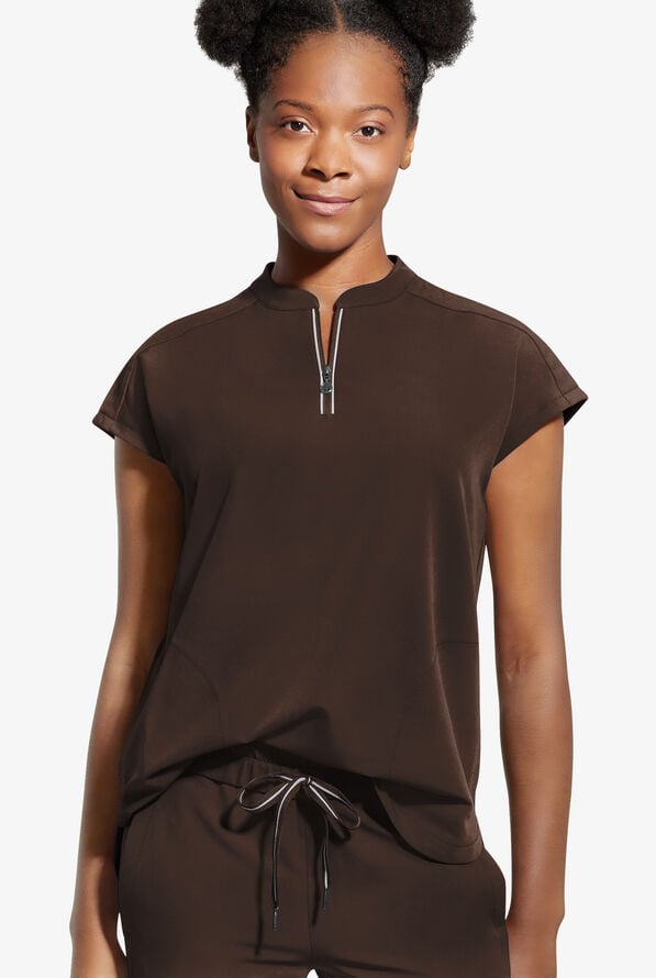 Blusa m&eacute;dica Healing Hands 360 Sandy STRETCH con cuello mao con cremallera y 2 bolsillos para mujer - Dark Chocolate - 2
