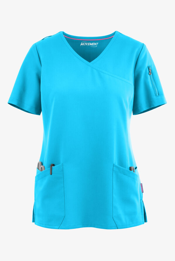 MOVEMENT by Butter-Soft Capella Women's 5-Pocket Faux Wrap STRETCH Scrub Top - Turquoise - 1