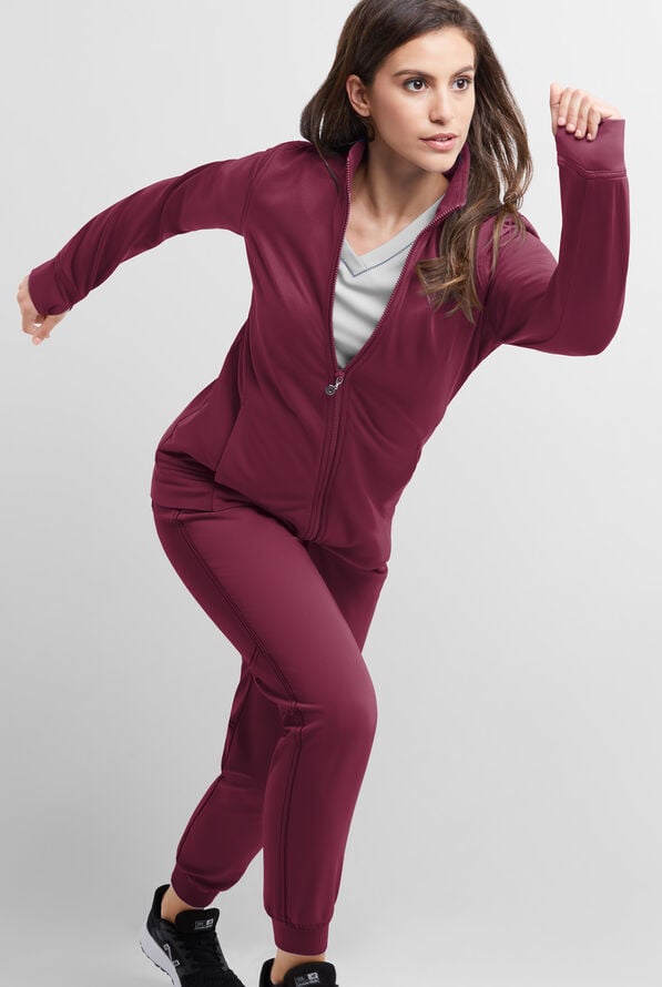 MOVEMENT by Butter-Soft Adara Women's 3-Pocket Long Sleeve Zip Front Warm-Up STRETCH Scrub Jacket - Wine - 8