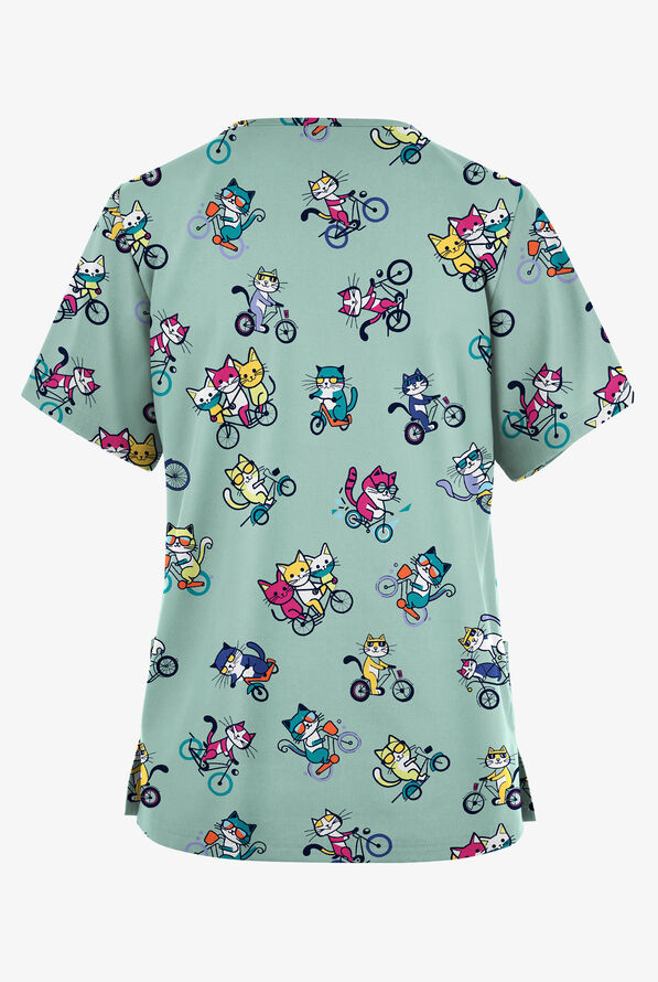 Butter-Soft Originals Meow On Wheels Salt Blue Women's 2-Pocket V-Neck Print Scrub Top - null - 2