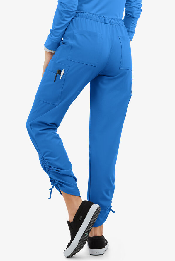 Easy STRETCH Halle Women's 11-Pocket Ruched Leg Jogger Scrub Pants - Petite - Cerulean - 4