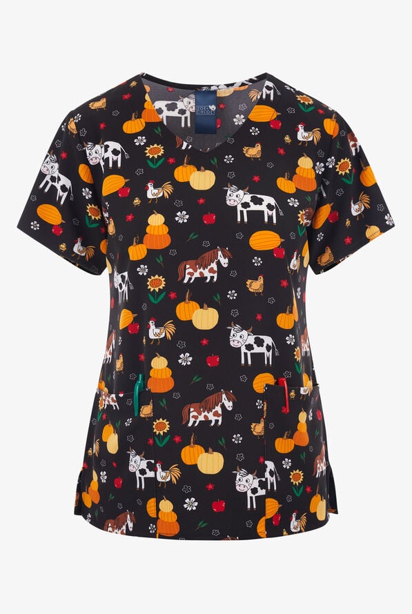 Zoe & Chloe Fall for Y'all Farm Women's 2-Pocket STRETCH V-Neck Print ScrubTop - null - 1