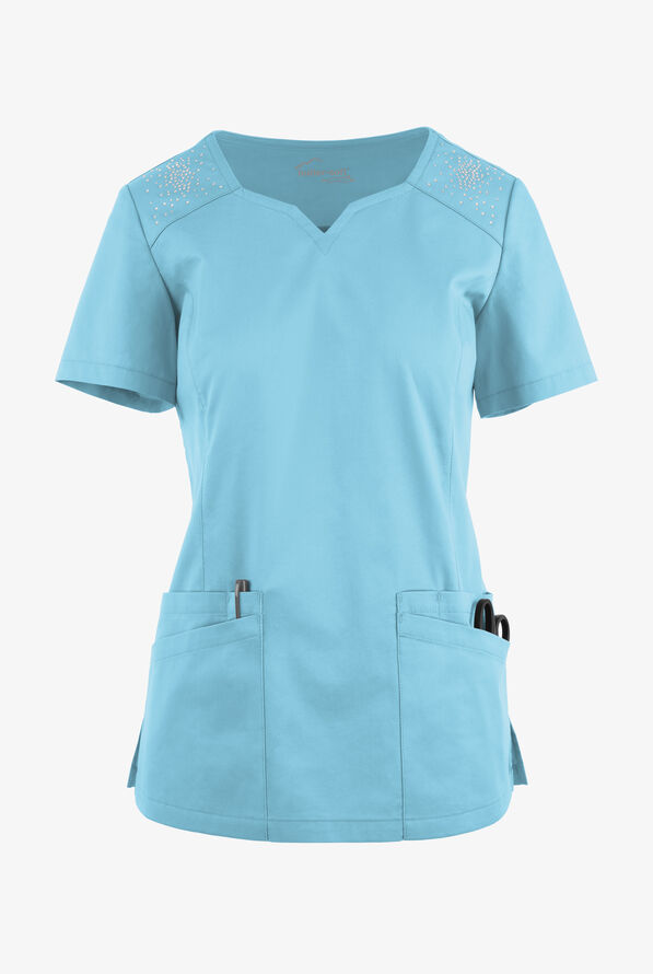 Butter-Soft STRETCH Women's 6-Pocket Crystal Bling Scrub Top - Poolside View - 1