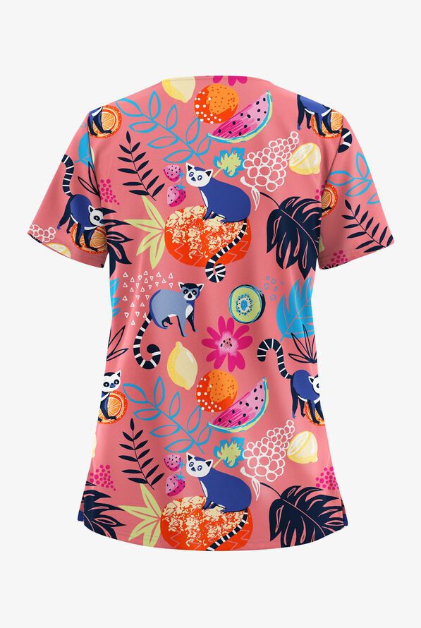 Butter-Soft STRETCH Lemur Land Rouge Rose Women's 2-Pocket V-Neck Print Scrub Top - null - 2