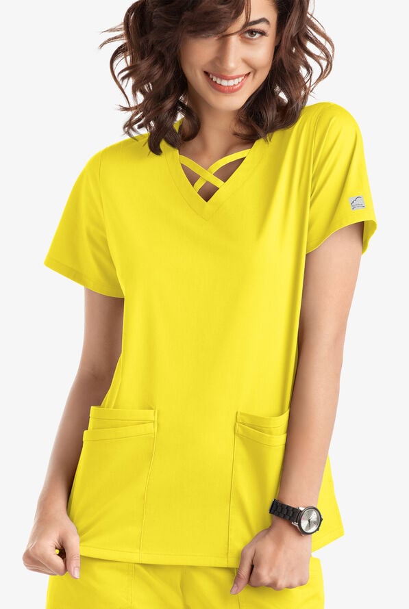 Blusa m&eacute;dica UA Butter-Soft STRETCH con lazos entrecruzados y 4 bolsillos para mujer - Bright Daffodil - 2