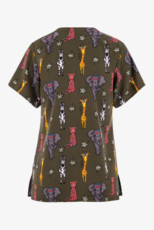WonderWink Safari Summer Elephants Women's 2-Pocket STRETCH V-Neck Print Scrub Top - null - 2