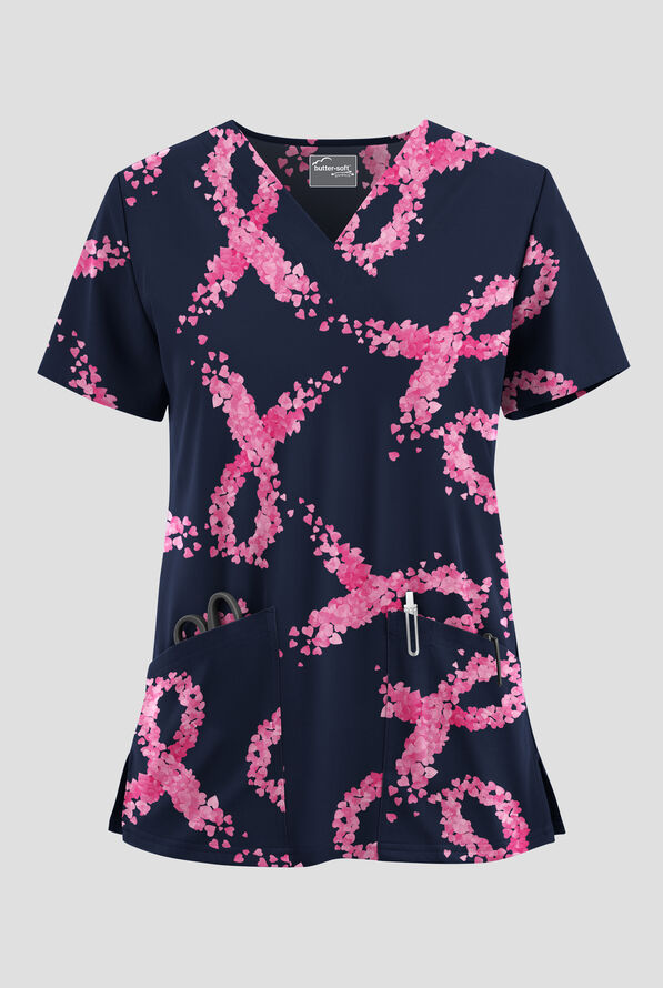 Butter-Soft STRETCH Heart Full Of Life Navy Women's 2-Pocket V-Neck Print Scrub Top - null - 1