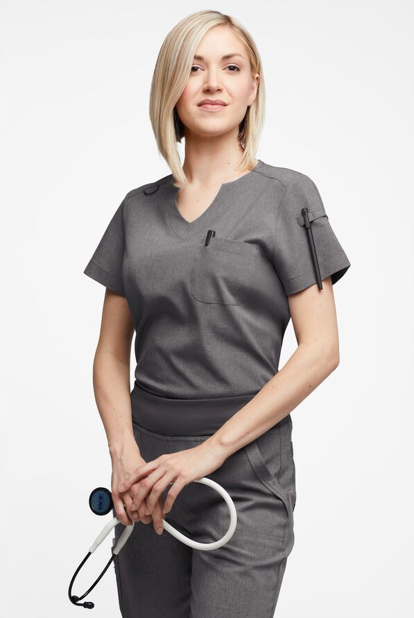 Easy STRETCH Nikki Women's 1-Pocket Scallop Neck Tuck-In Scrub Top - Graphite Heather - 2