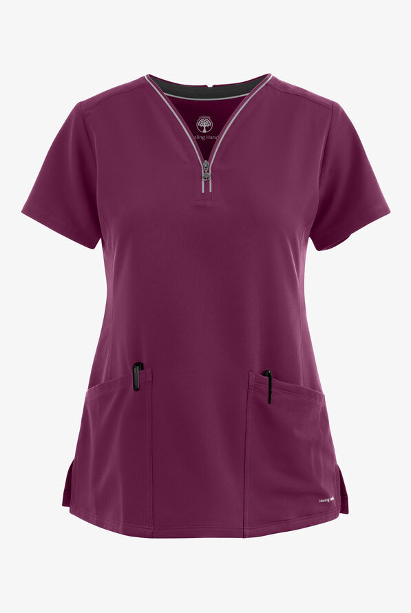 Healing Hands 360 Sonia Women's 3-Pocket STRETCH Reflective Y-Neck Zip Scrub Top - Wine - 1