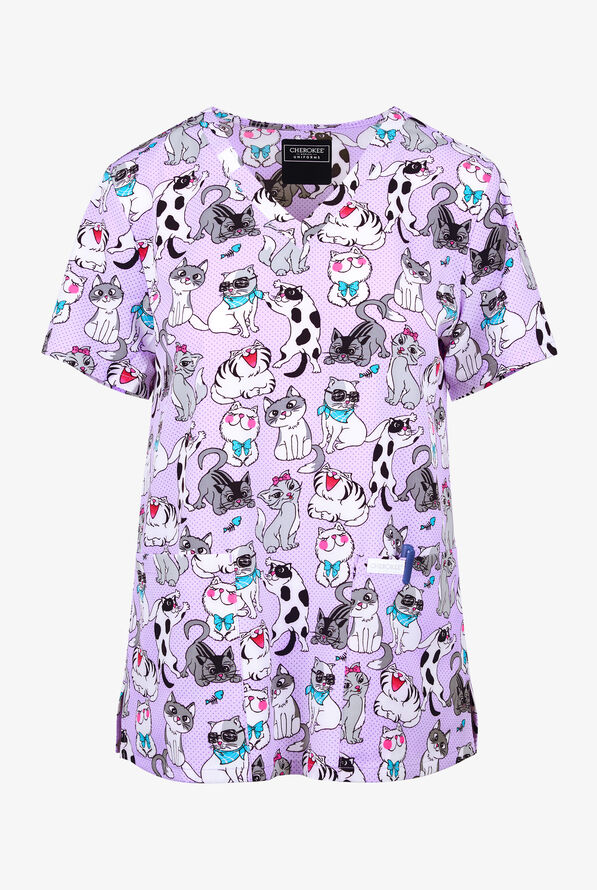 Cherokee Furry Cute Women's 2-Pocket STRETCH V-Neck Print Scrub Top - null - 1