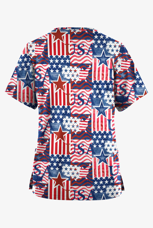 Butter-Soft Originals Happy Fourth Navy Women's 2-Pocket Classic Fit V-Neck Print Scrub Top - null - 2