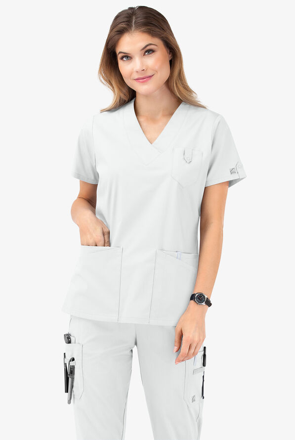 Butter-Soft STRETCH Women's 6-Pocket V-Neck Scrub Top - White - 8