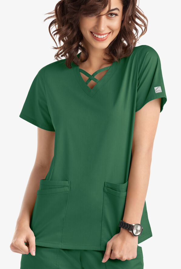 Blusa m&eacute;dica UA Butter-Soft STRETCH con lazos entrecruzados y 4 bolsillos para mujer - Hunter - 2