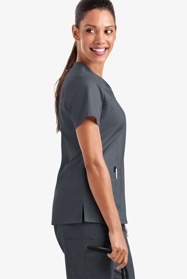 Butter-Soft STRETCH Women's 4-Pocket Sweetheart Neck Scrub Top - Pewter - 4