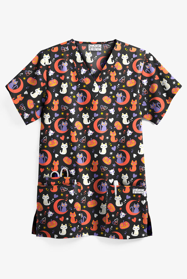 UA Halloween Kitties Black Printed Women's 3-Pocket V-Neck Scrub Top - null - 1