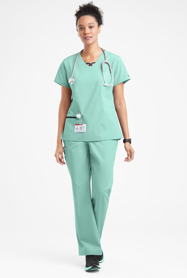 Butter-Soft Originals Women's 3-Pocket Crisscross Contrast V-Neck Scrub Top - Water Mint/Navy - 4