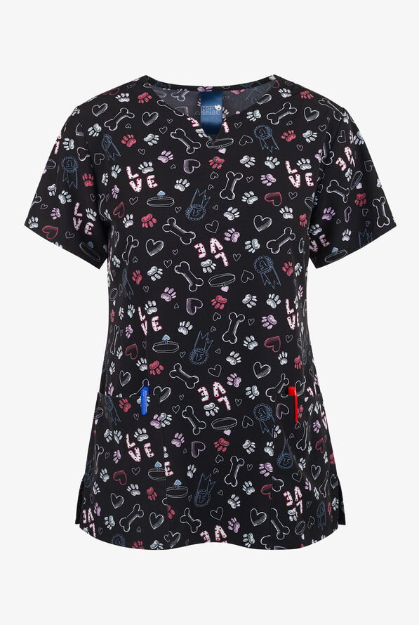 Zoe & Chloe Best in Show Hearts Women's 2-Pocket STRETCH Round Neck Print Scrub Top - null - 1