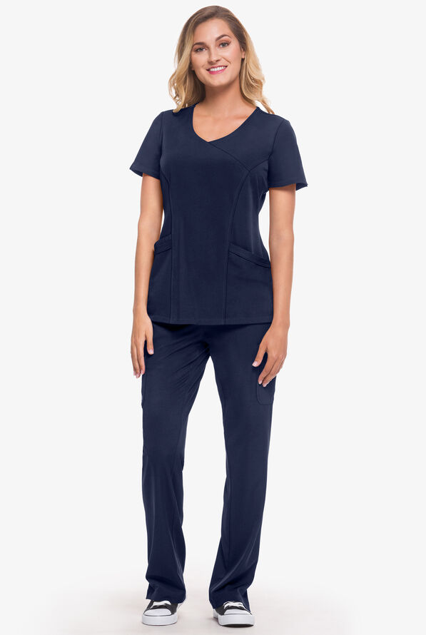 HH Works by Healing Hands Madison Women's 4-Pocket STRETCH Mock Wrap Scrub Top - Navy - 2