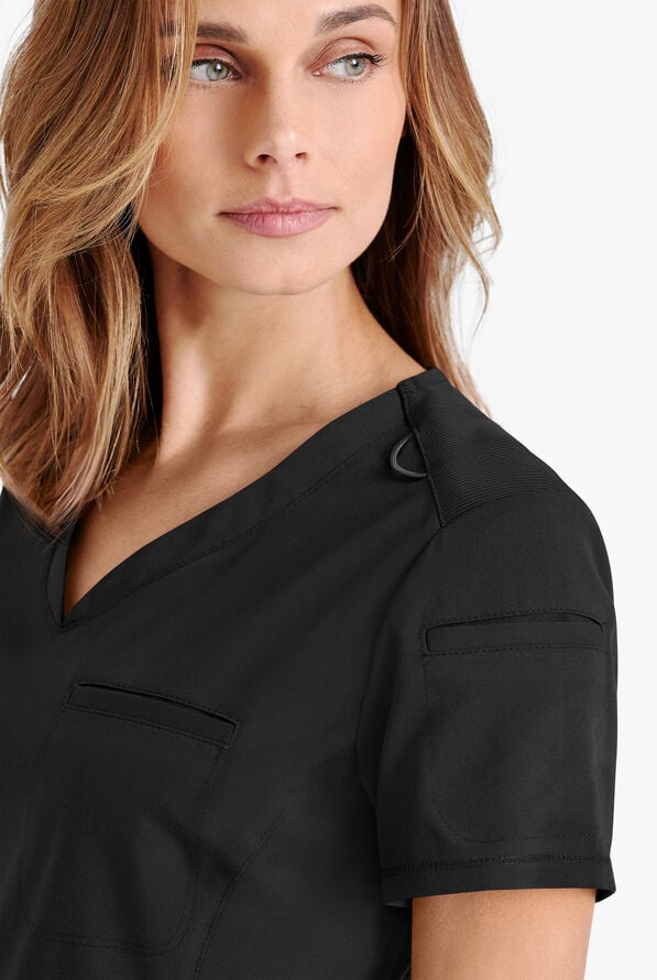 Grey's Anatomy by Barco Spandex STRETCH Capri Women's 2-Pocket Rib-Knit Back Panel Tuck In Scrub Top - Black - 3