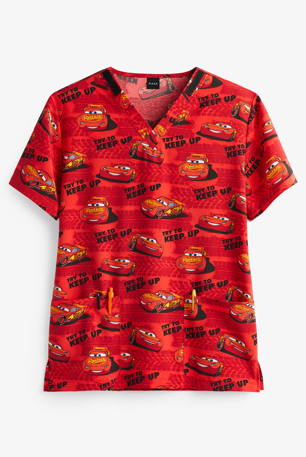 Tooniforms Try To Keep Up Lightning McQueen Cars Unisex 2-Pocket STRETCH V-Neck Print Scrub Top - null - 1