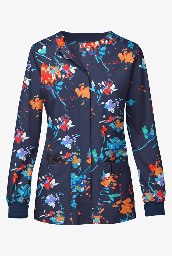Butter-Soft STRETCH Floral Splash Navy Women's 3-Pocket Hidden Snap Front Print Scrub Jacket - null - 1