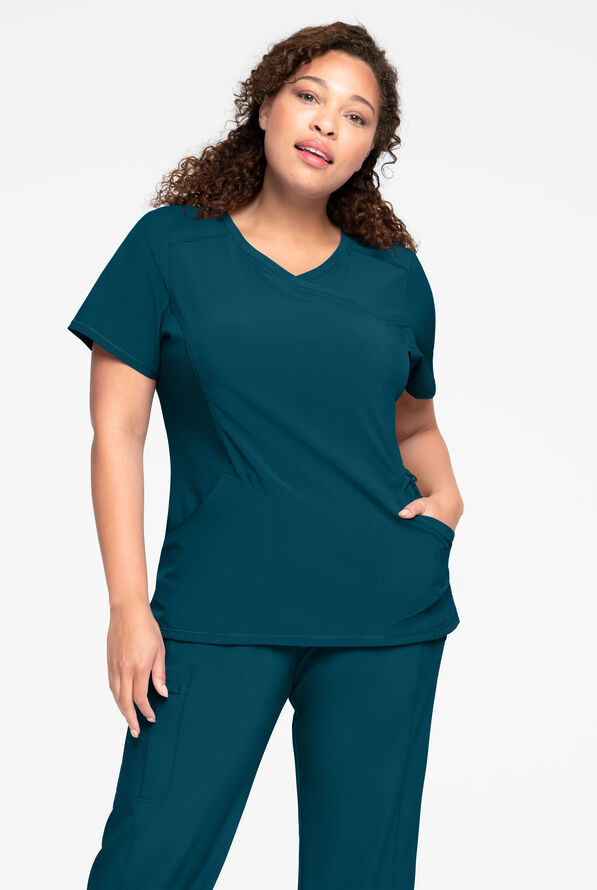 Infinity Women's 4-Pocket STRETCH Mock Wrap Scrub Top - Caribbean Blue - 2