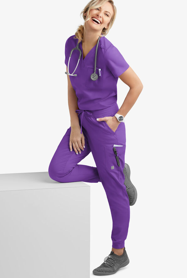 Butter-Soft STRETCH Women's 2-Pocket V-Neck Tuck-In Scrub Top - Liberty Purple - 2