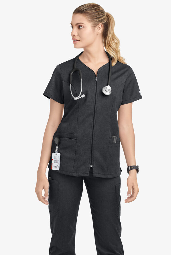 Butter-Soft STRETCH Women's 4-Pocket Smooth Face Zipper Scrub Top - Heather Charcoal - 2