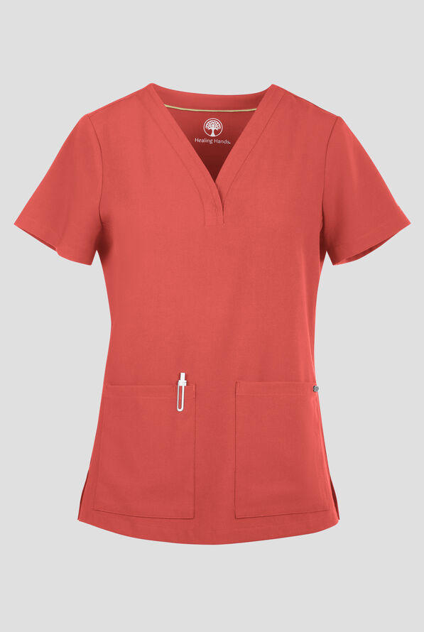 Blusa m&eacute;dica Healing Hands Quest Briana STRETCH con 3 bolsillos y cuello en Y para mujer - Warm Sunrise - 1