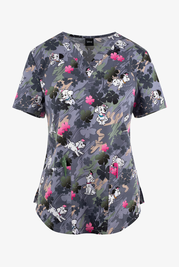 Tooniforms Disney's Dalmatians Plain Sight Puppies Women's 2-Pocket STRETCH V-Neck  Print Scrub Top - null - 1