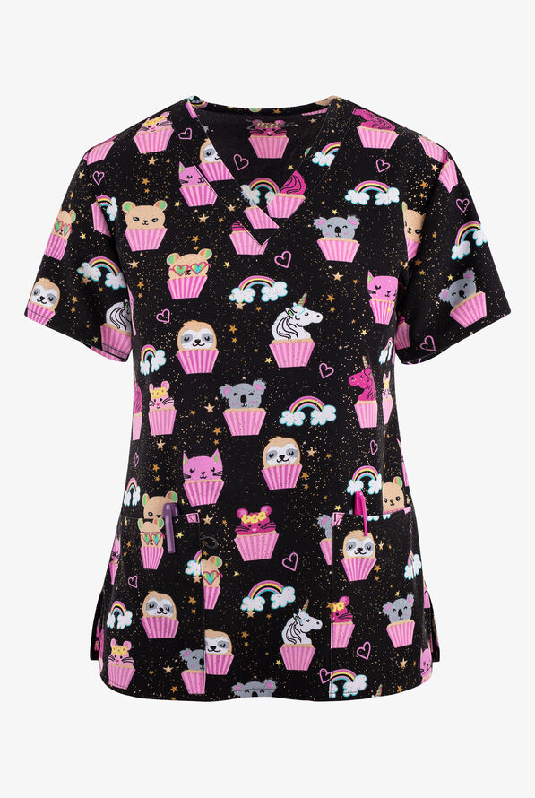 Zinnia Animal Cupcake Gold Glitter Women's 3-Pocket STRETCH V-Neck Print Scrub Top - null - 1