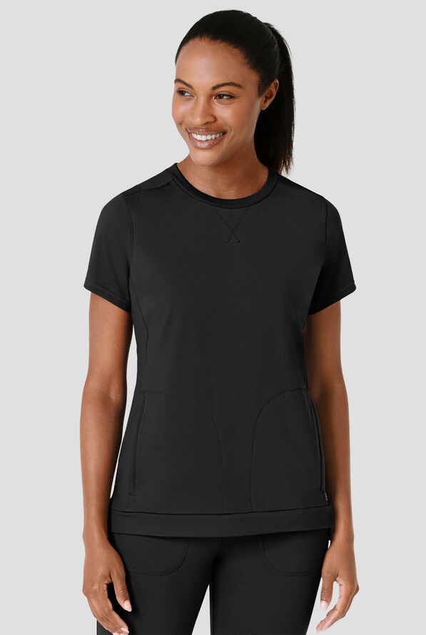 Wink Renew Knit Women's 2-Pocket STRETCH Rib-Knit Crew Neck Scrub Top - Black - 3