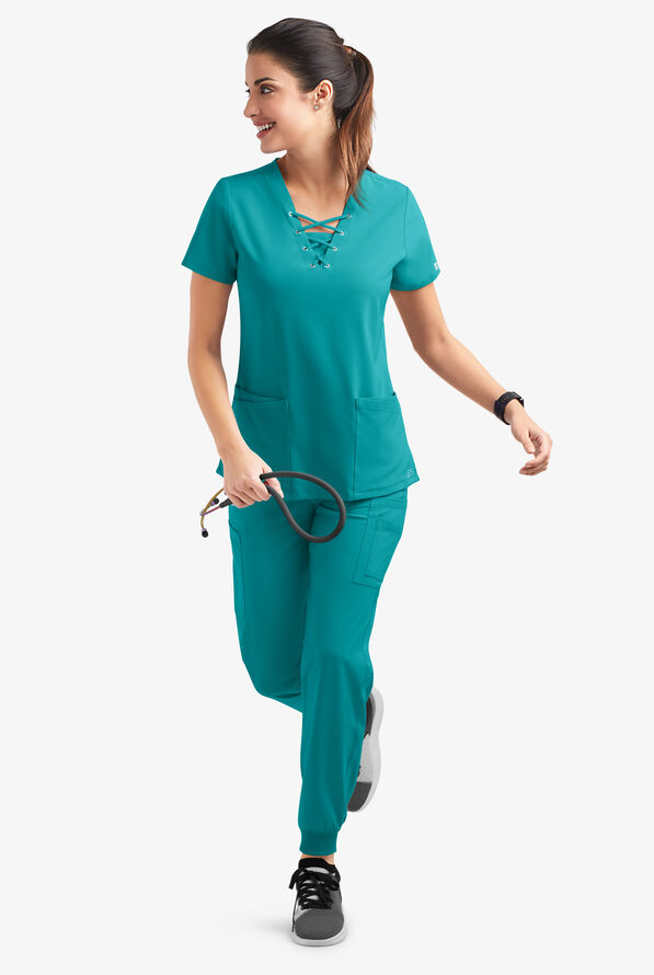 Blusa m&eacute;dica Easy STRETCH Gisele con cordones en el cuello en V y 4 bolsillos para mujer - Teal - 6