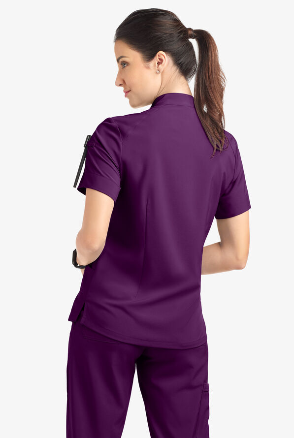 Easy STRETCH Jen Women's 4-Pocket Zip-Neck Short Sleeve Scrub Top - Eggplant - 4