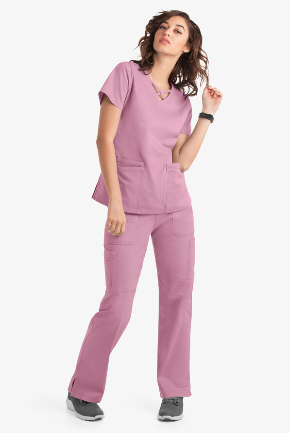 Blusa m&eacute;dica UA Butter-Soft STRETCH con lazos entrecruzados y 4 bolsillos para mujer - Cherry Blossom - 6
