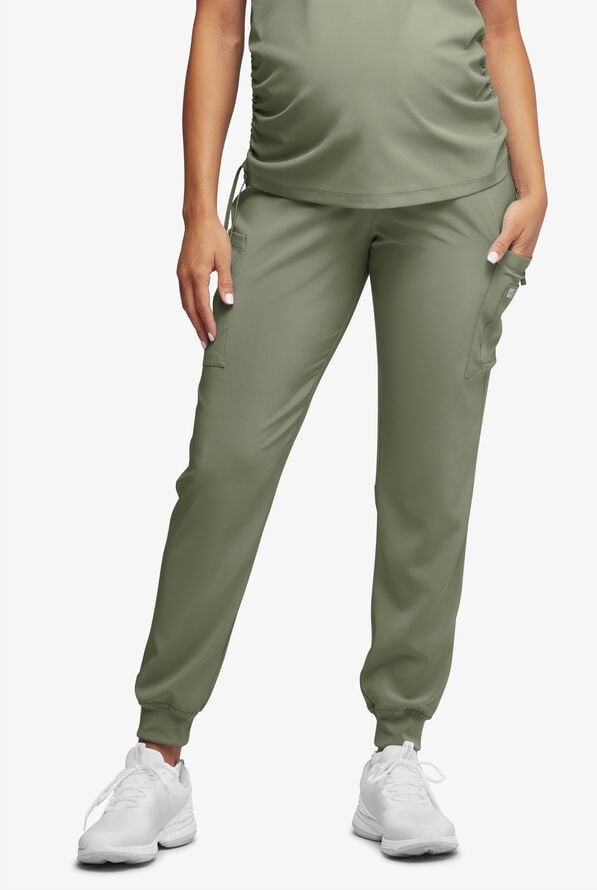 Easy STRETCH Chrissy Women's Maternity 4-Pocket Tapered Leg Jogger Scrub Pants - Olive Leaf - 1