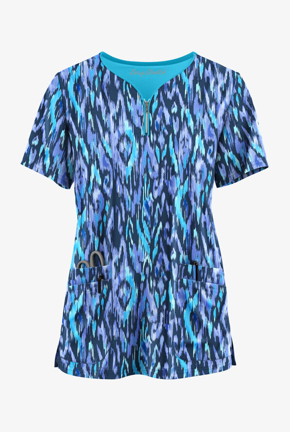 Blusa médica estampada Easy STRETCH Rotterdam Ikat Navy con cremallera en el cuello curvo y 4 bolsillos para mujer - null - 1