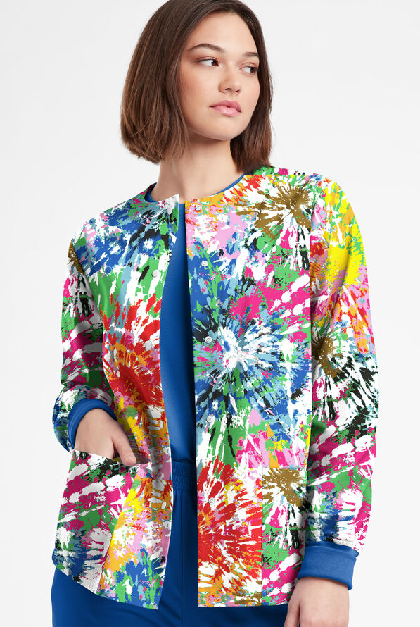 Butter-Soft Originals Rainbow Tie-Dye Women's 3-Pocket Warm-Up Printed Scrub Jacket - null - 2