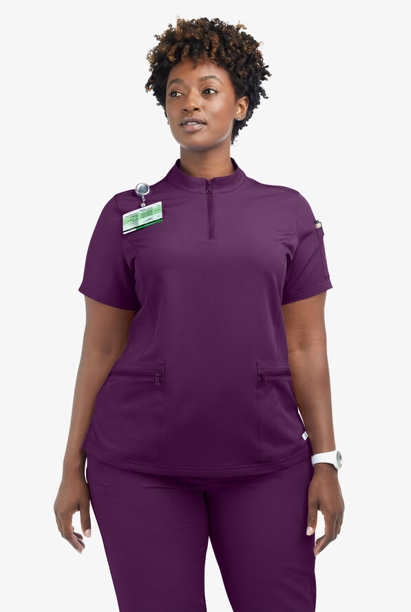 Butter-Soft Women's 5-Pocket Zipper Neck Short Sleeve Scrub Top **Slightly IRREGULAR** - Eggplant - 5