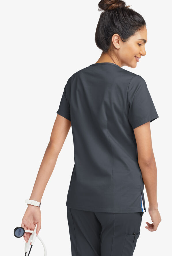 Butter-Soft STRETCH Women's 6-Pocket Short Sleeve Notch Placket with Sport Trim Detail Scrub Top - Pewter - 4