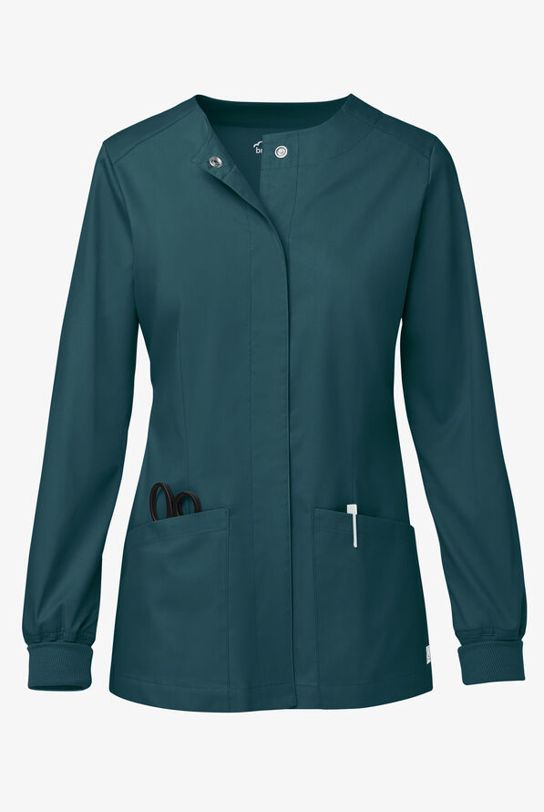 Butter-Soft STRETCH Women's 2-Pocket Long Sleeve Snap Front Scrub Jacket - Caribbean Blue - 1