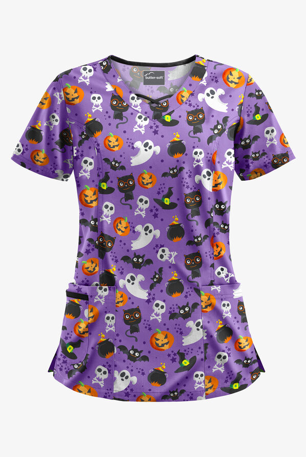 Butter-Soft Halloween Spell Purple Glow Women's 3-Pocket Criss Cross Print Scrub Top - null - 1