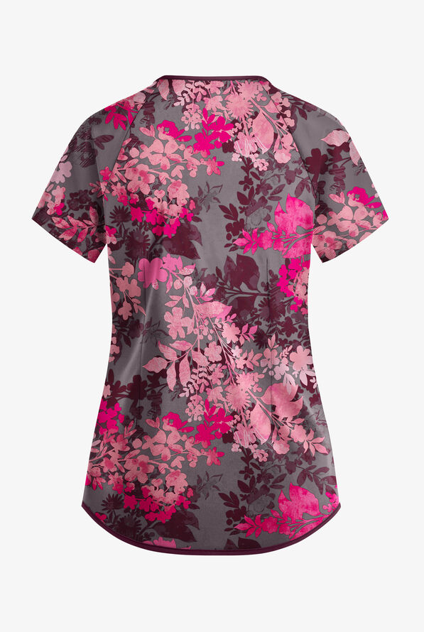 Easy STRETCH Medici Floral Grey Stone Women's 4-Pocket Raglan Print Scrub Top - null - 2