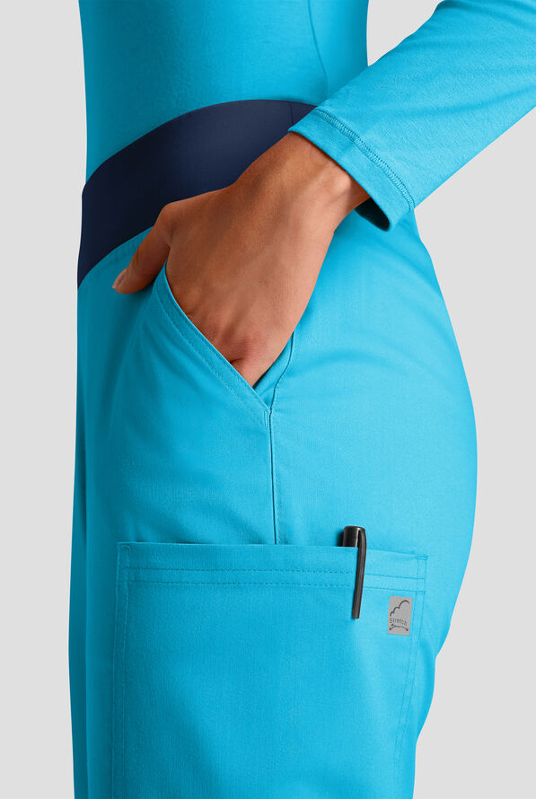 Butter-Soft STRETCH Women's 4-Pocket Knit Waistband Yoga Scrub Pants - Tall - Turquoise/Navy - 4